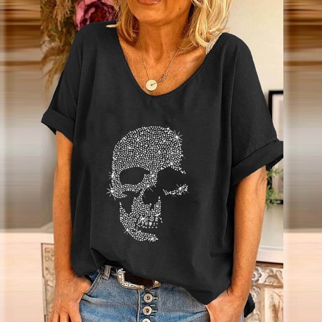 T-shirt à manches courtes col V pour femme imprimé tête de mort en strass noir