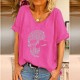 T-shirt à manches courtes col V pour femme imprimé tête de mort en strass rose