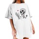 T-shirt manches mi-longues pour femme avec motif de crâne squelette et coeur blanc