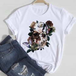 T-shirt à manches courtes pour femmes impression tête de mort et fleur blanc