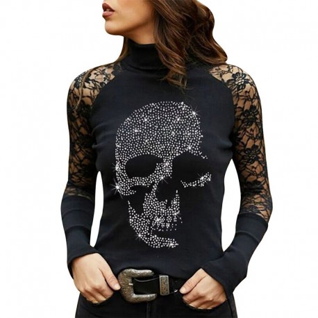 T-Shirt manches longues en dentelle imprimé crâne pour femme noir