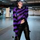 Pull gothique tricoté rayé ajouré, ample pour femmes violet modele court