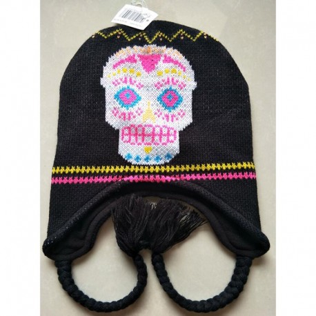 Bonnet tête de mort tricoté en laine avec motif crâne Santa Muerte