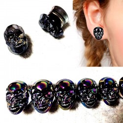 Bouchons extensseurs d'oreilles tête de mort en verre multicolore - modele 2 tailles