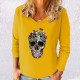 Magnifique T-shirt Tête de mort fleuri à manches longues et col en V pour femme jaune