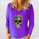 Magnifique T-shirt Tête de mort fleuri à manches longues et col en V pour femme violet