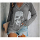 T-shirt Tête de mort à manches longues pour femmes - Crâne en strass gris