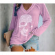 T-shirt Tête de mort à manches longues pour femmes - Crâne en strass rose pâle