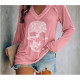 T-shirt Tête de mort à manches longues pour femmes - Crâne en strass rose